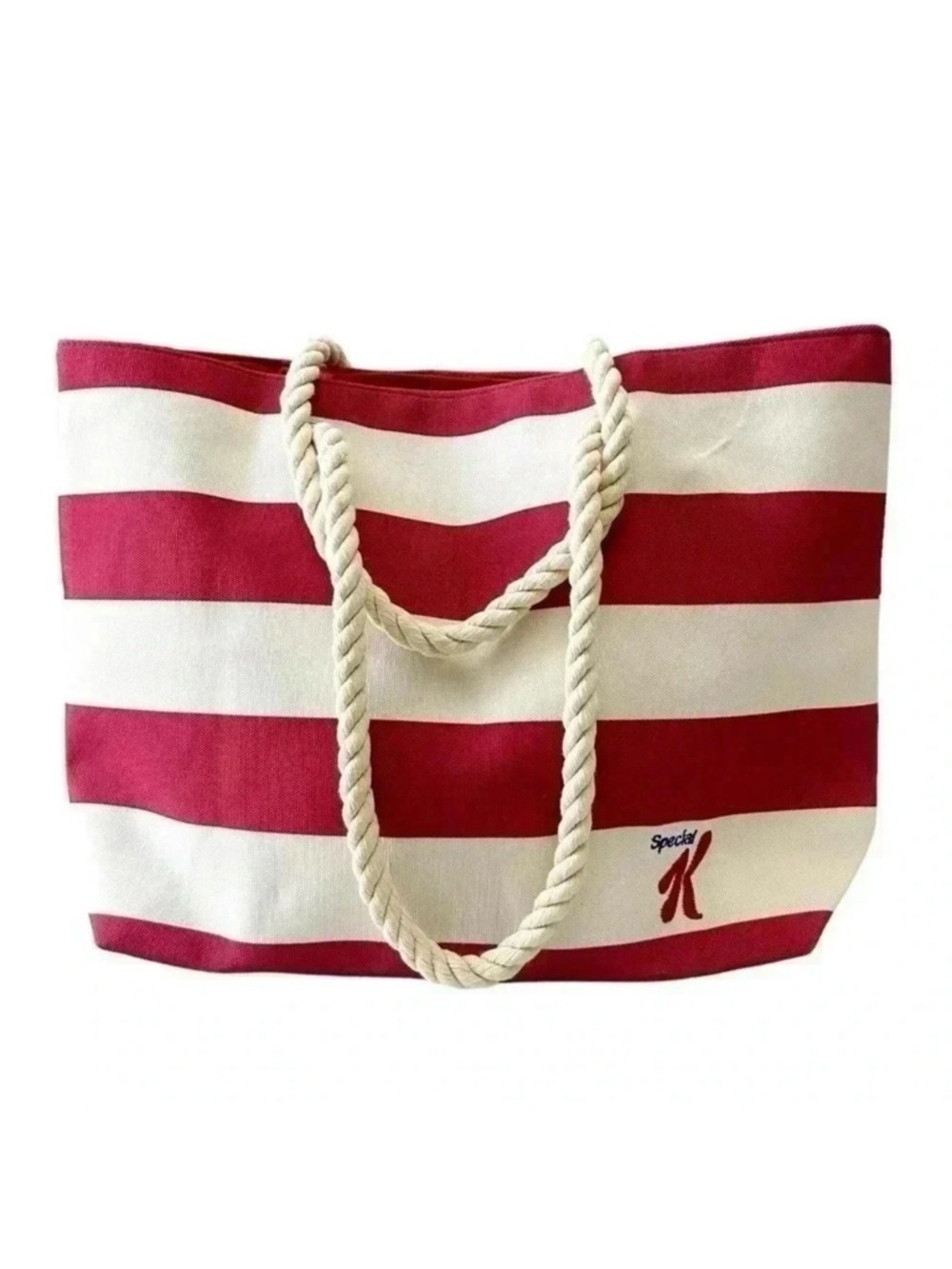 Oversized Canvas Tote Bag Rope Handle Beach Travel Carryall Red Cream Stripes
